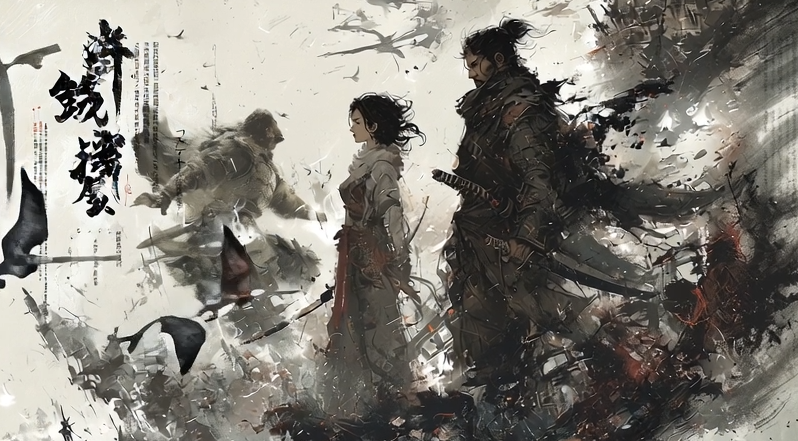 A traditional ink painting depicting a martial arts scene with dynamic brushstrokes and a misty mountain backdrop.
