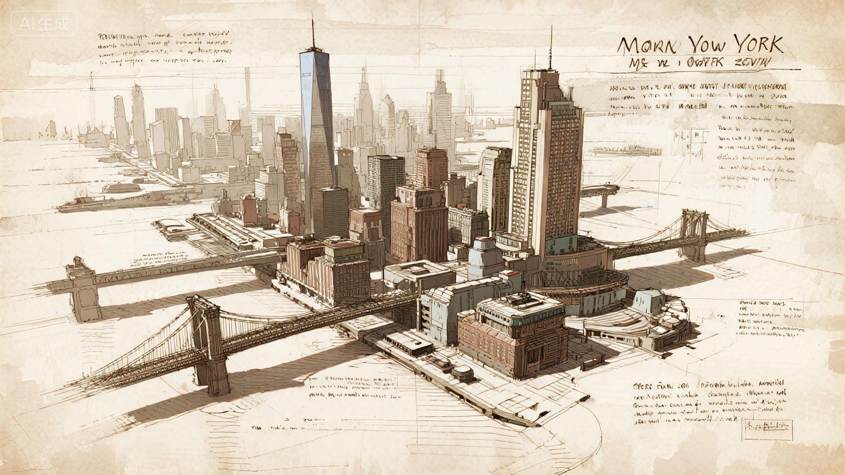 A surreal, dreamlike vision of Manhattan's skyline, blending iconic architecture with imaginative elements.