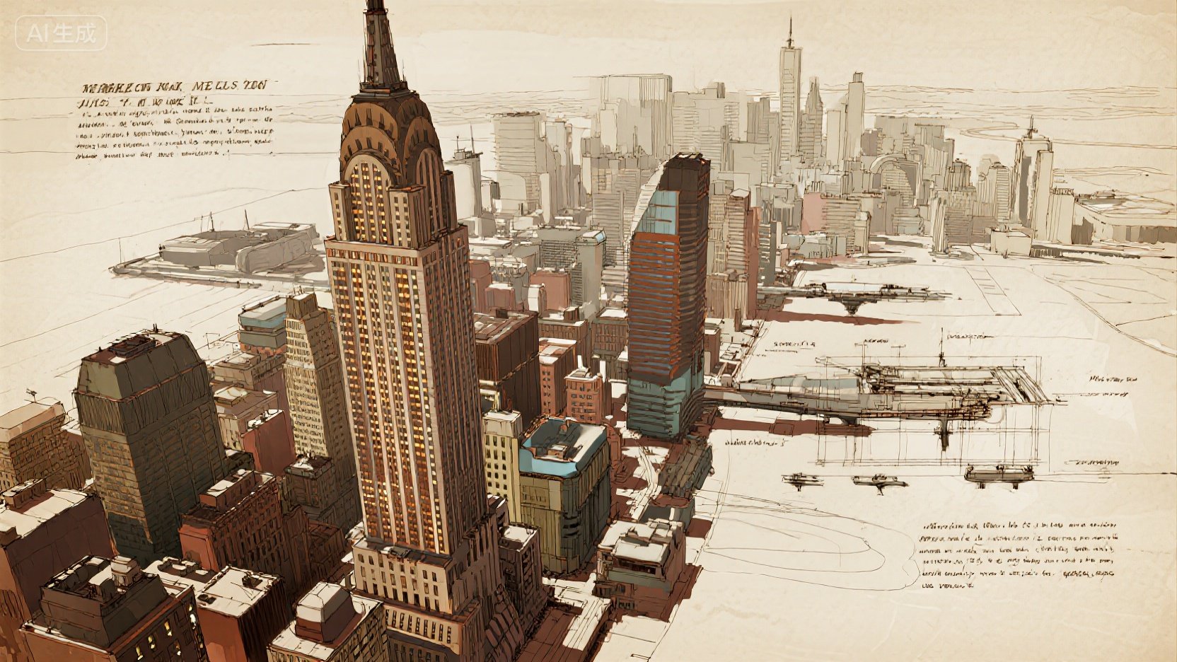 A dreamlike urban scene capturing the iconic skyline of Manhattan with a surreal, imaginative twist.