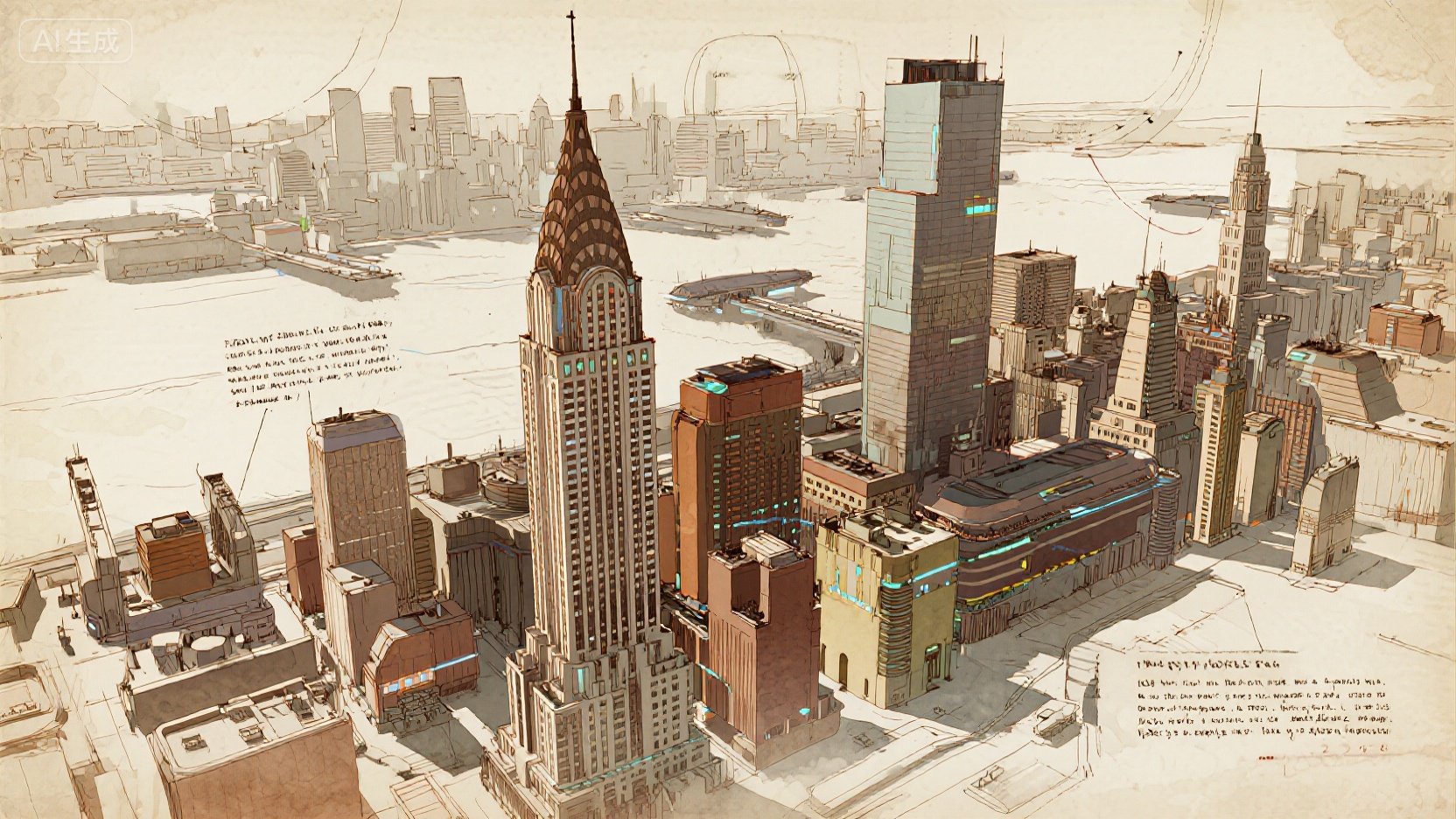 A dreamlike view of Manhattan's skyline at twilight, blending urban geometry with surreal light effects.