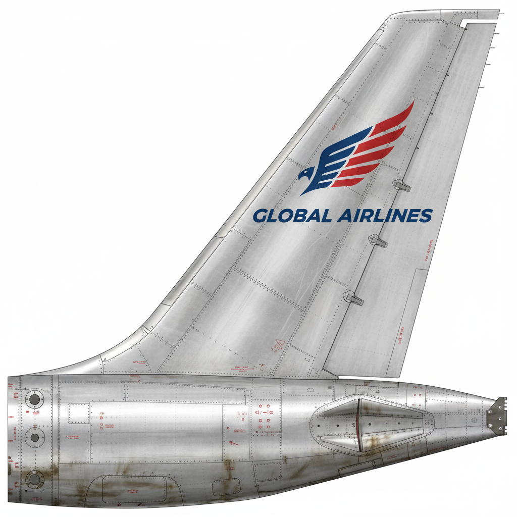 Close-up view of the vertical stabilizer surface texture on a Boeing 757, highlighting rivet patterns and panel details.