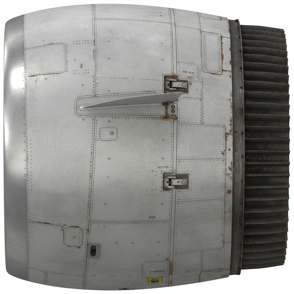 Close-up texture study of a Boeing 757 engine cowling, highlighting metallic surfaces and rivet details.