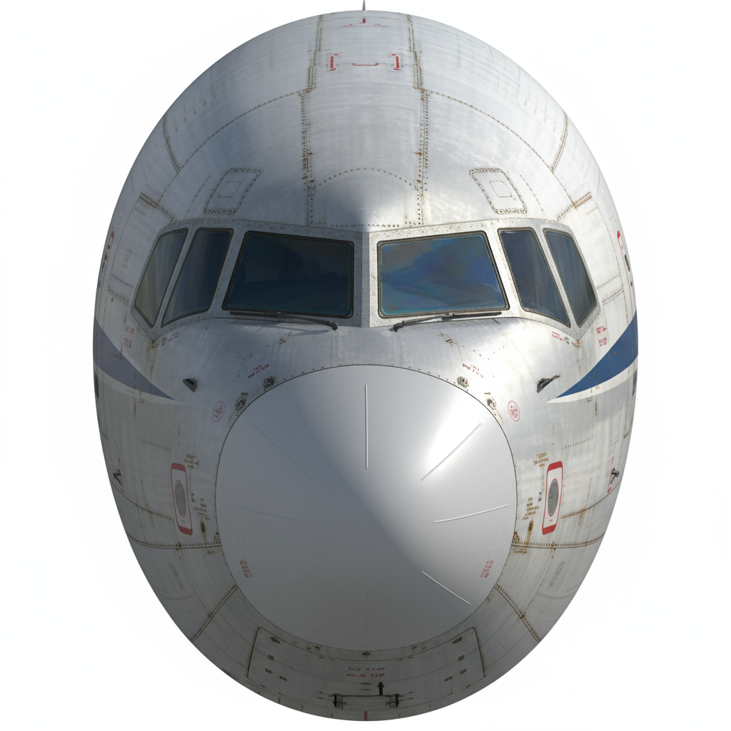 A close-up texture of the nose section of a Boeing 757 aircraft, showcasing panel lines and surface details.