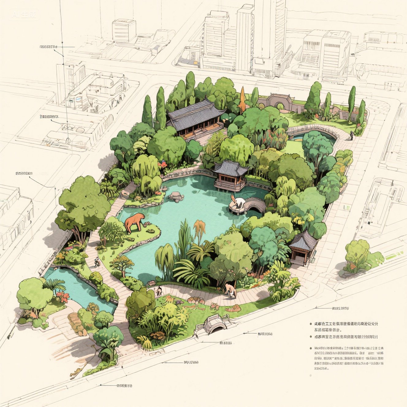 A photorealistic rendering of a modern park landscape design with lush greenery and architectural elements.
