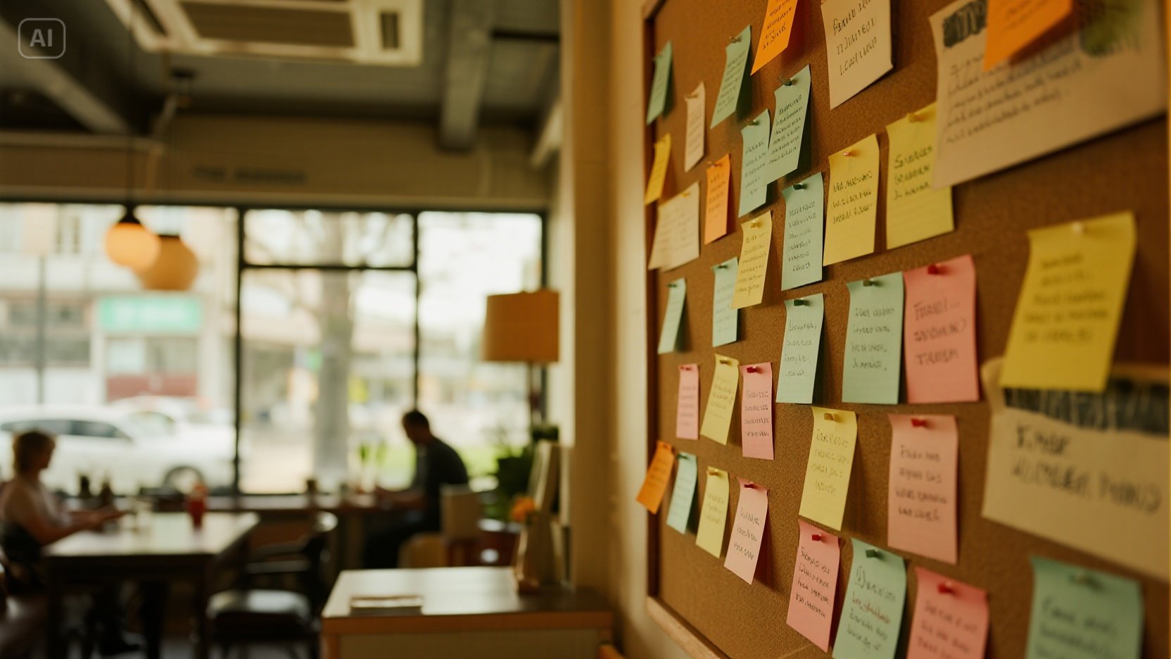 A collection of handwritten notes and messages left by visitors at a cozy cafe, capturing moments of connection and creativity.
