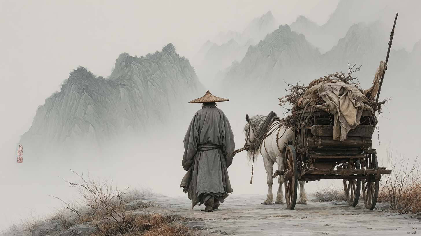 Midjourney prompt:
An elderly Chinese swordsman in worn grey robes standing beside a wooden cart and horse, carrying a wooden sword case on his back, misty mountain road stretching into distance, ink wash painting style, muted colors of grey and sepia, sparse composition with negative space, melancholic and contemplative mood, traditional Chinese art aesthetic, soft brushstrokes, 6000 li journey --chaos 10 --ar 16:9 --raw --stylize 300 --v 7