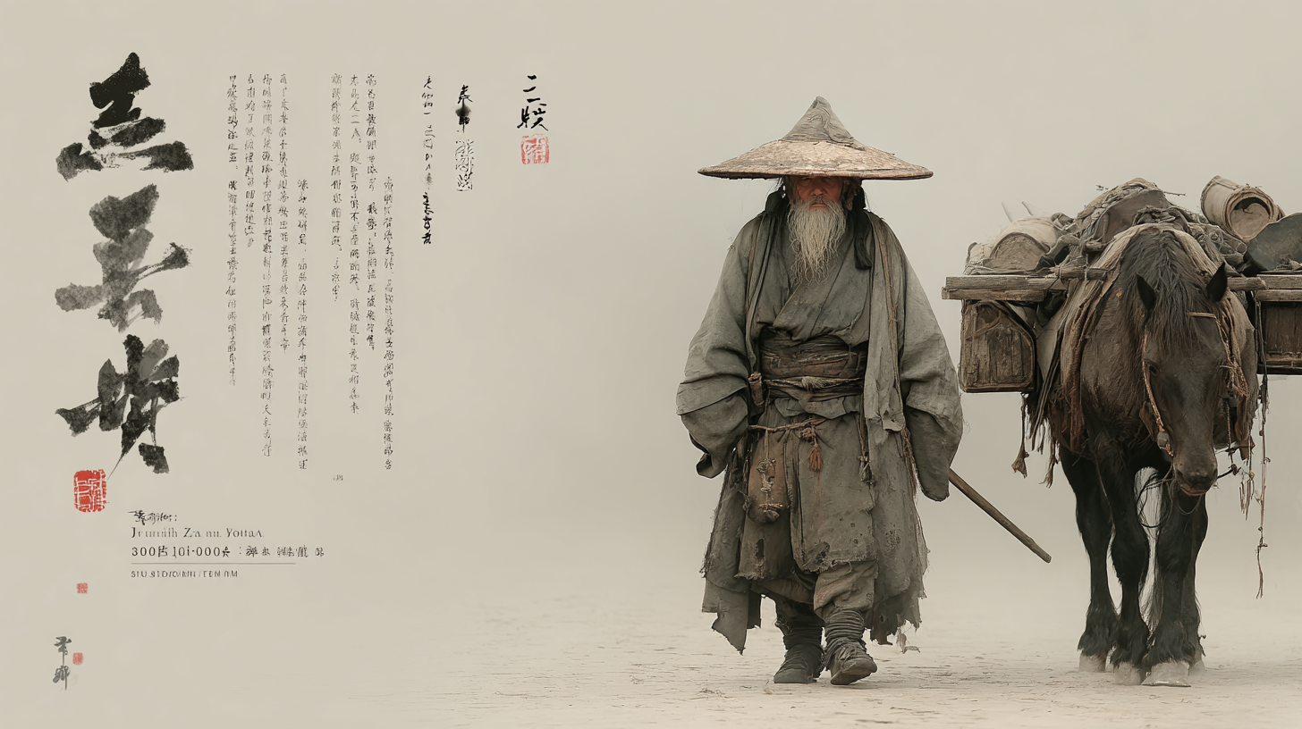 Midjourney Prompt:
An elderly Chinese swordsman in worn grey robes standing beside a wooden cart and horse, carrying a wooden sword case on his back, misty mountain road stretching into distance, ink wash painting style, muted colors of grey and sepia, sparse composition with negative space, melancholic and contemplative mood, traditional Chinese art aesthetic, soft brushstrokes, 6000 li journey --chaos 10 --ar 16:9 --raw --stylize 300 --v 7