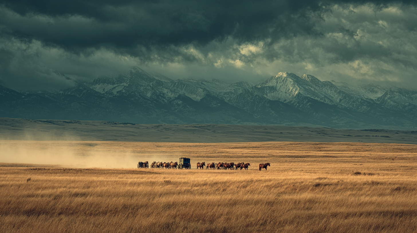 a panoramic view of the Great Plains under vast sky, a small wagon train moving west across sunlit grassland, dust trails, distant Rockies silhouette, stoic mood, period-correct prairie schooners, oxen teams, historical realism, cinematic composition, warm golden hour light, film grain, wet plate collodion feel