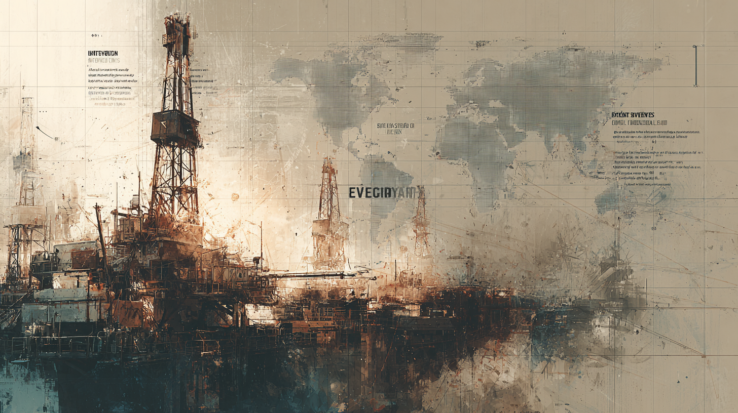 neo-western oilfield at dusk, abstract oil rig silhouette left, global network lines and world map grid right, cinematic lighting, warm brown and teal color palette, high contrast typography space, minimalistic, magazine cover style, 16:9, photorealistic + graphic blend