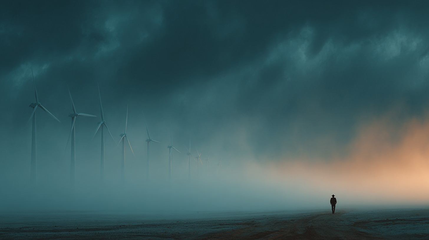 West Texas wind farm at dawn, towering turbines turning against dramatic skies, foreground oil pumpjack and cowboy silhouette in tension, gritty neo-western cinematic look, ideological contrast between renewable energy and fossil fuel, moody, high contrast, dust in the air, long lens compression, Paramount drama vibe, minimalist bold title space at top, color grade teal and amber, detailed textures